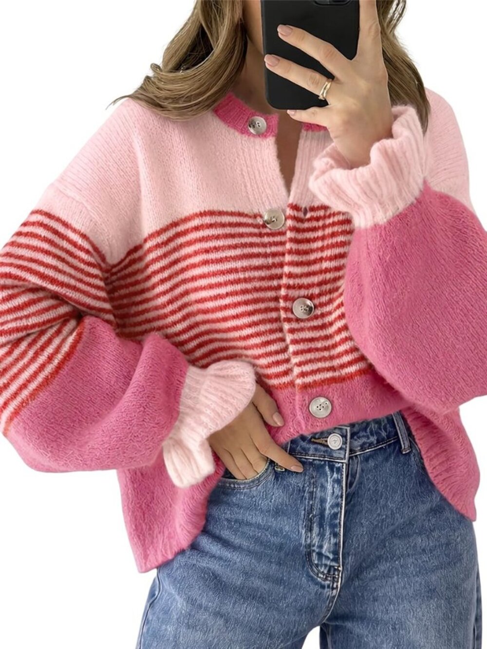 Womens 2026 Fall Trendy Striped Cardigan Sweaters Ruffle Sleeve Button Up Loose